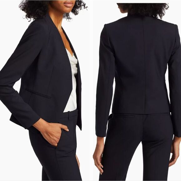 Theory Lanai Collarless Wool Blend Blazer Jacket in Black Size 2 - Picture 2 of 12